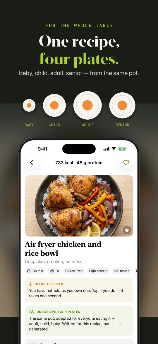 Mealtide on iPhone: one recipe, four plates — baby, child, adult, senior