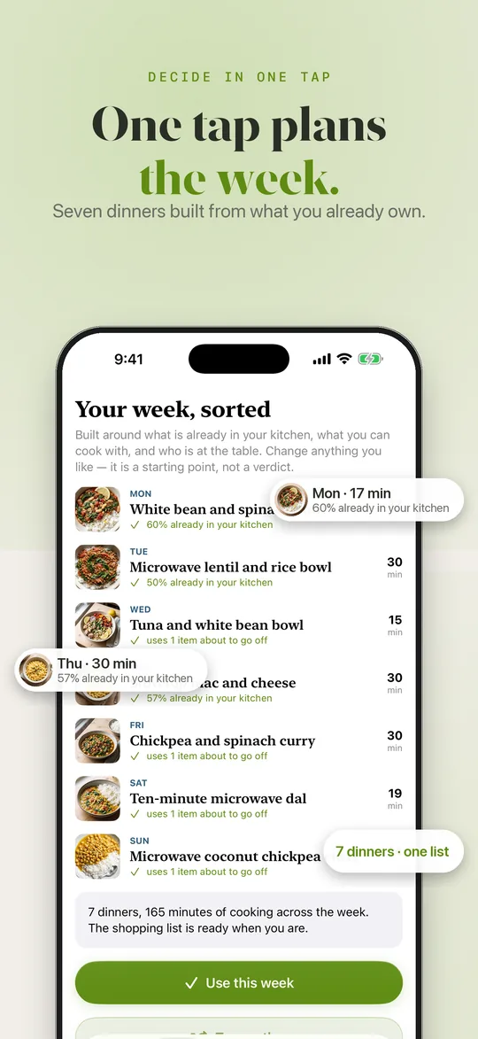 One tap plans the week — seven dinners built from what you already own