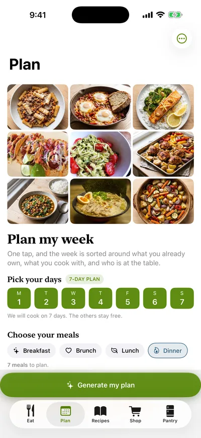Plan — pick your days and meals
