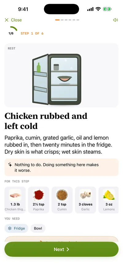 Cook mode — a rest in the fridge