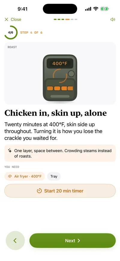 Cook mode — the air fryer at 400°F